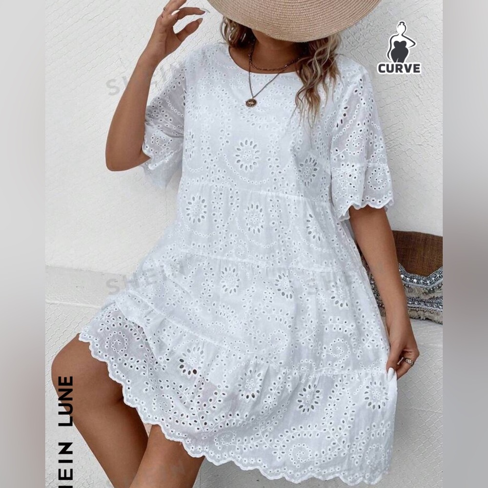 SHEIN LUNE Plus Eyelet Embroidery Ruffle Hem Smock Dress - Picture 5 of 10